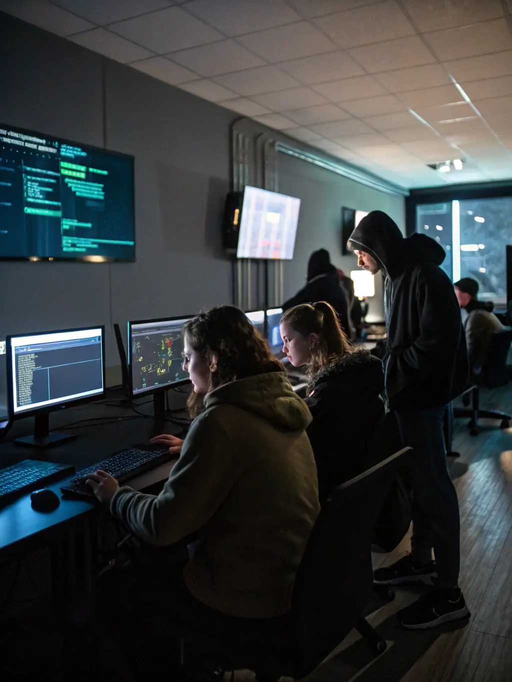 A group of students collaborating on a cybersecurity project, with multiple screens displaying code and network configurations.