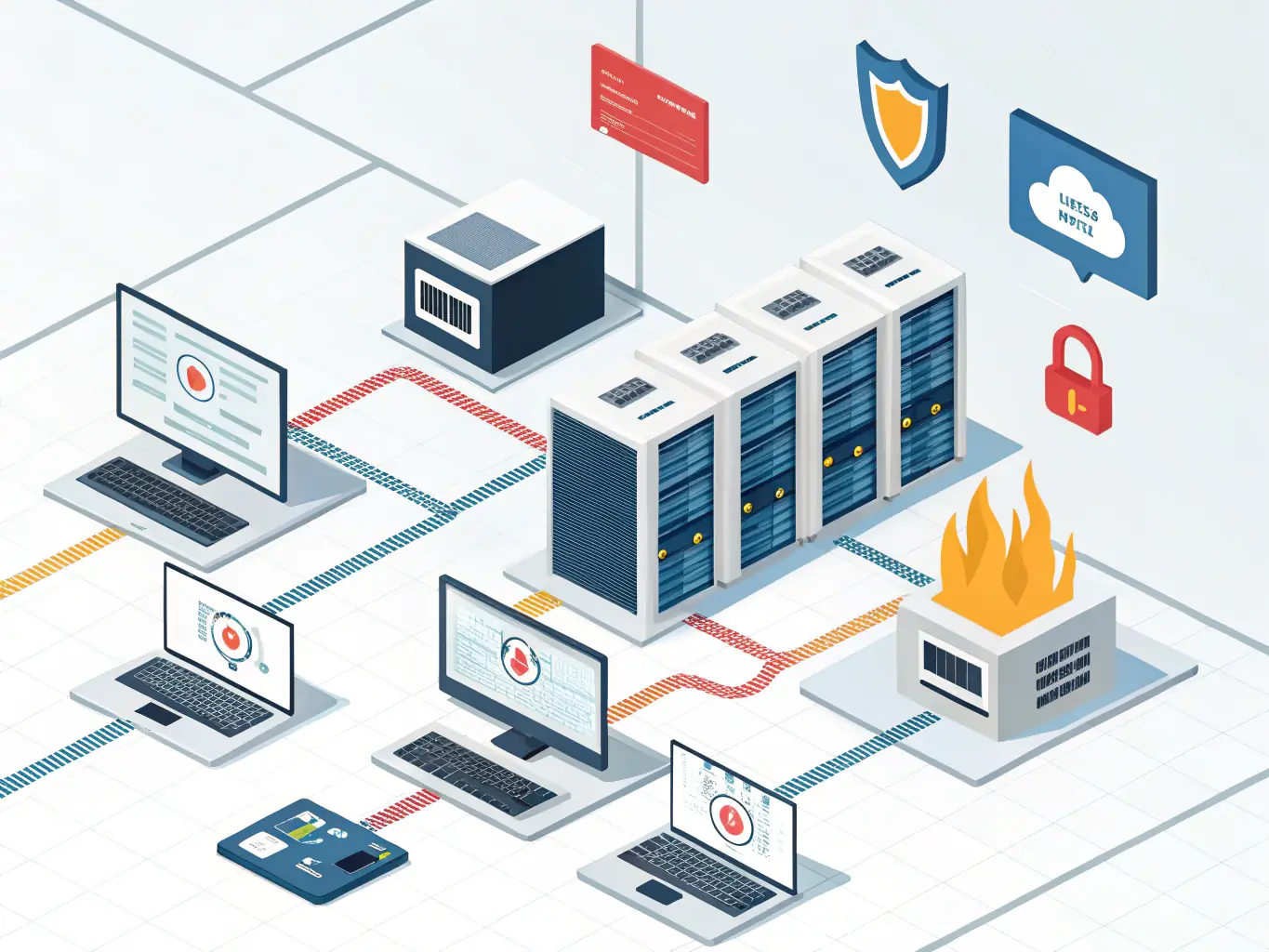 An illustration depicting a secure network with firewalls, intrusion detection systems, and encrypted data streams, symbolizing network security.