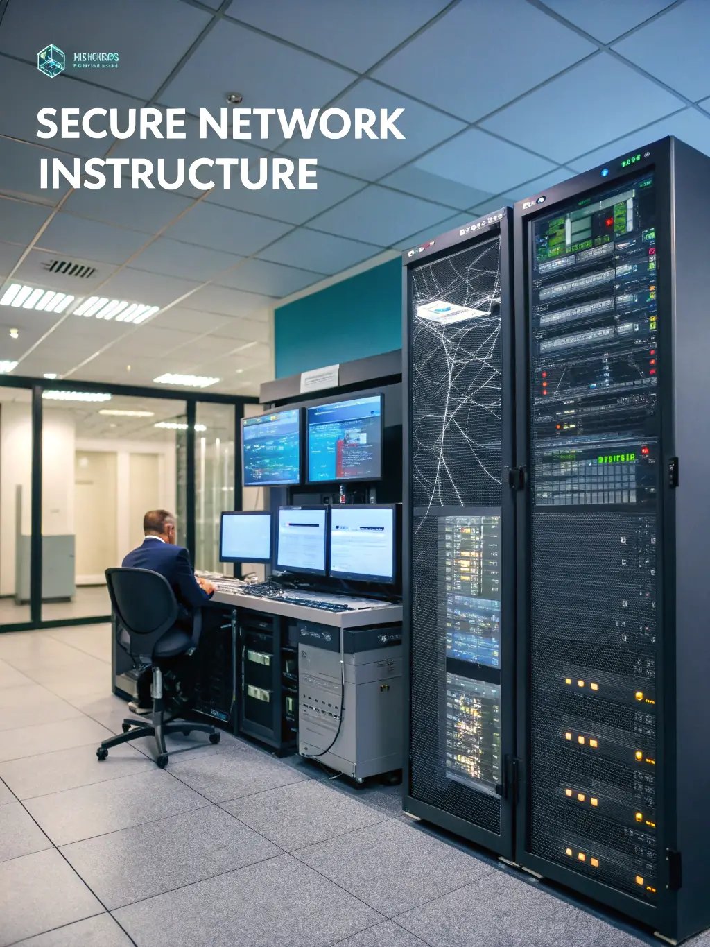 A network diagram displayed on a monitor, showing interconnected devices and security protocols, representing network security.