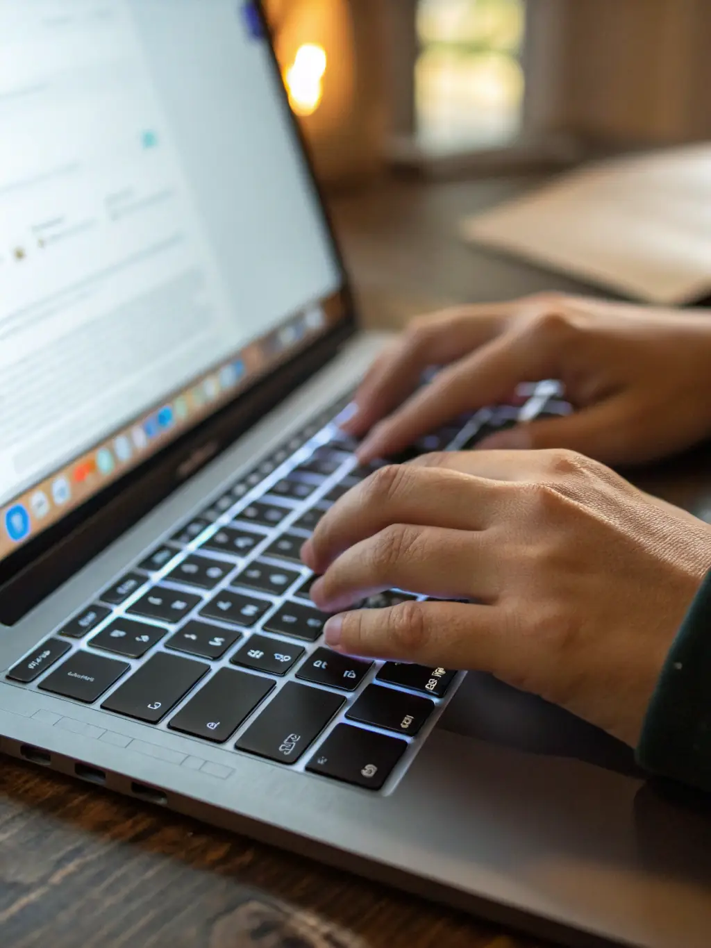 A close-up shot of a hand typing rapidly on a laptop keyboard, with binary code faintly visible in the background, symbolizing ethical hacking.